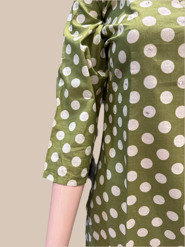 PURE COTTON POLKA DOT TWO PIECE SET(OLIVE GREEN COLOUR)