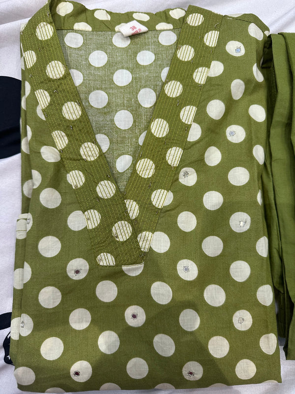 PURE COTTON POLKA DOT TWO PIECE SET(OLIVE GREEN COLOUR)
