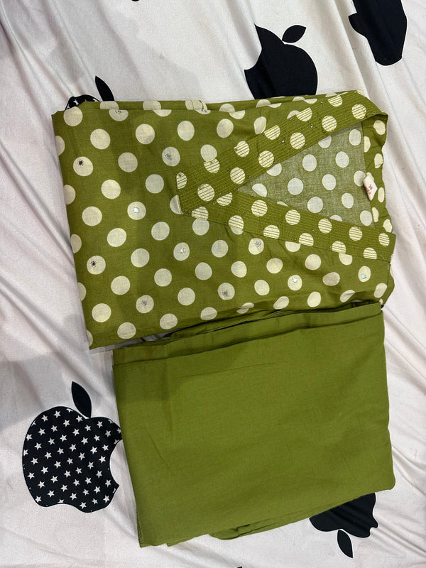 PURE COTTON POLKA DOT TWO PIECE SET(OLIVE GREEN COLOUR)