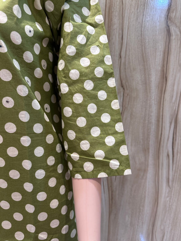 PURE COTTON POLKA DOT TWO PIECE SET(OLIVE GREEN COLOUR)
