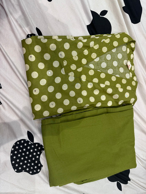 PURE COTTON POLKA DOT TWO PIECE SET(OLIVE GREEN COLOUR)