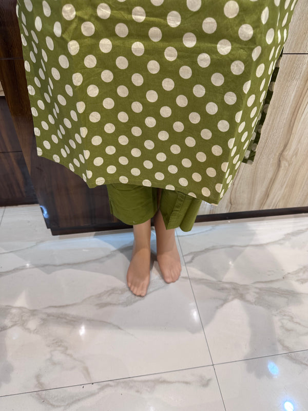 PURE COTTON POLKA DOT TWO PIECE SET(OLIVE GREEN COLOUR)